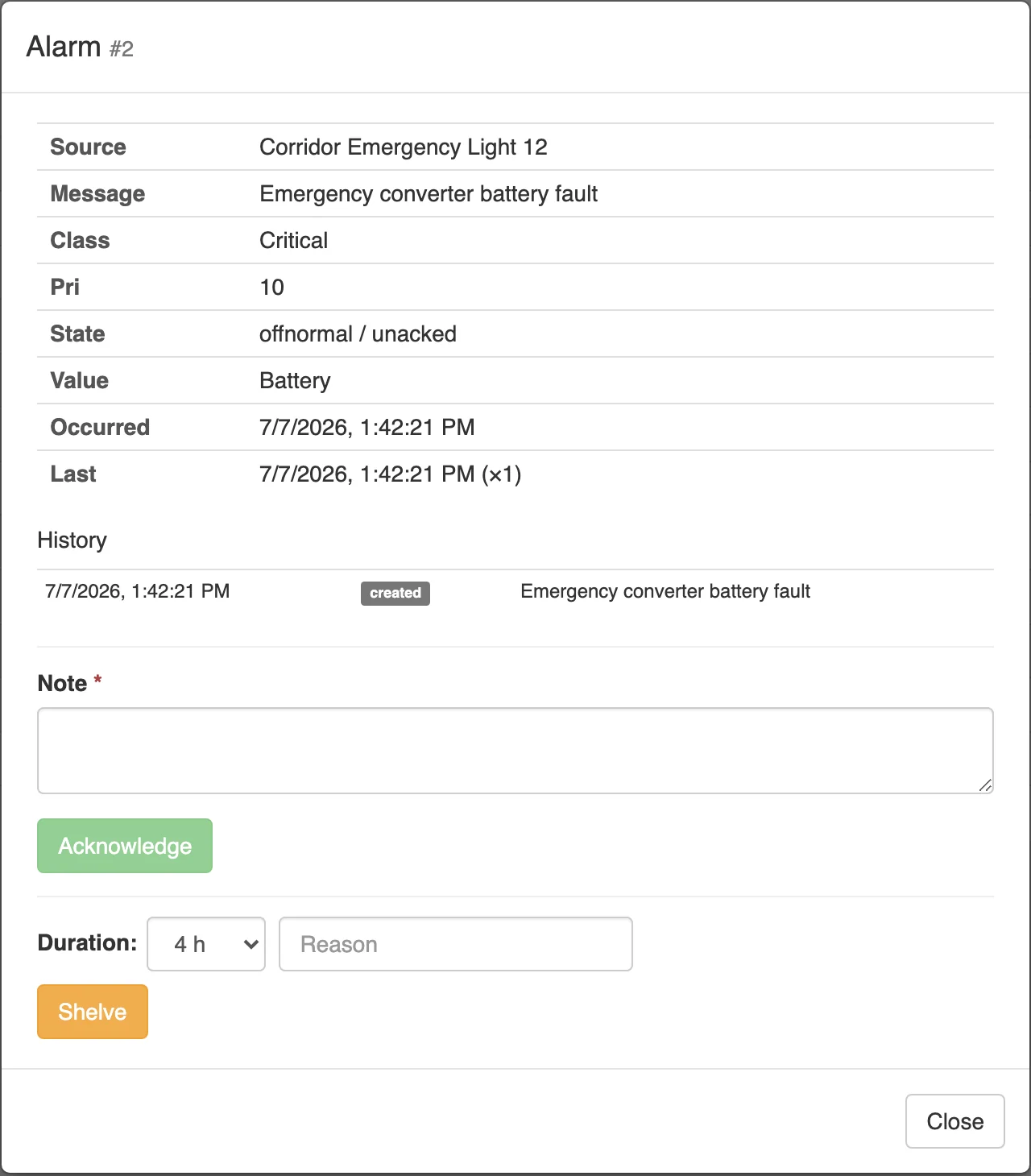 Alarm record: state, priority, class, action history, mandatory note and shelving