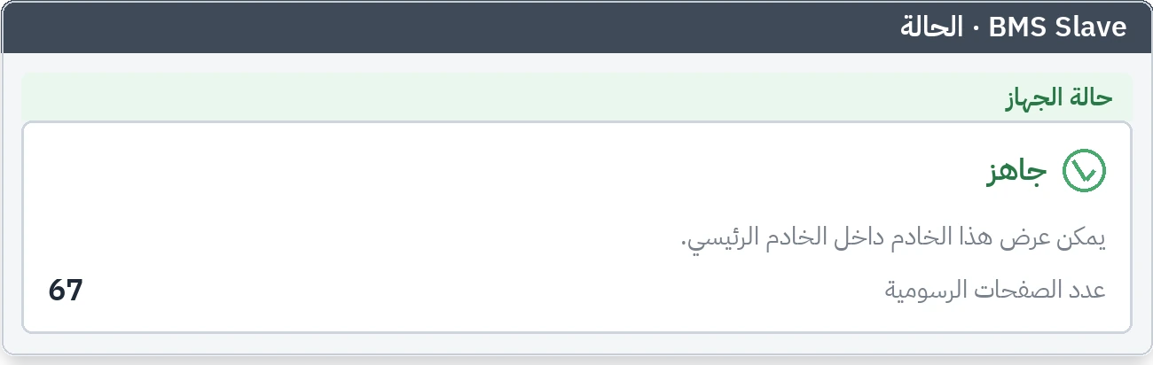تبويب حالة BMS Slave: البطاقة تُظهر أن الجهاز جاهز وكم صفحة رسومية يحمل