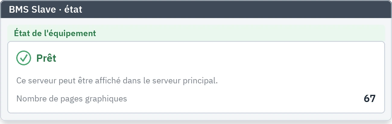 Onglet d'état de BMS Slave : la fiche indiquant que l'appareil est prêt et le nombre de pages graphiques qu'il porte