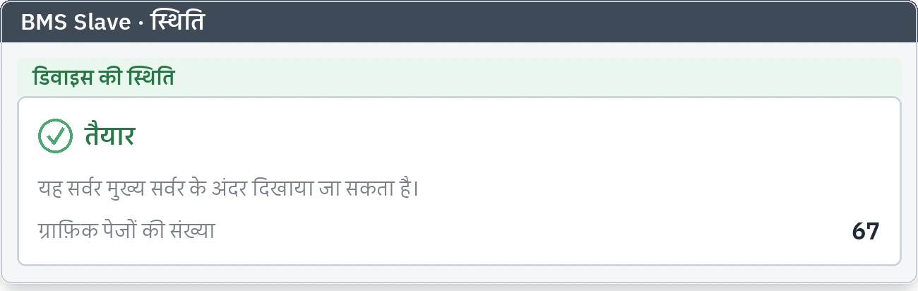 BMS Slave स्थिति का टैब: डिवाइस तैयार है और उस पर कितने ग्राफ़िक पेज हैं, यह दिखाने वाला कार्ड