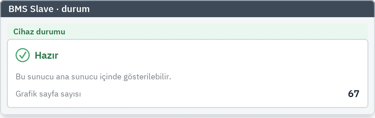 BMS Slave durum sekmesi: cihazın hazır olduğunu ve grafik sayfa sayısını gösteren kart