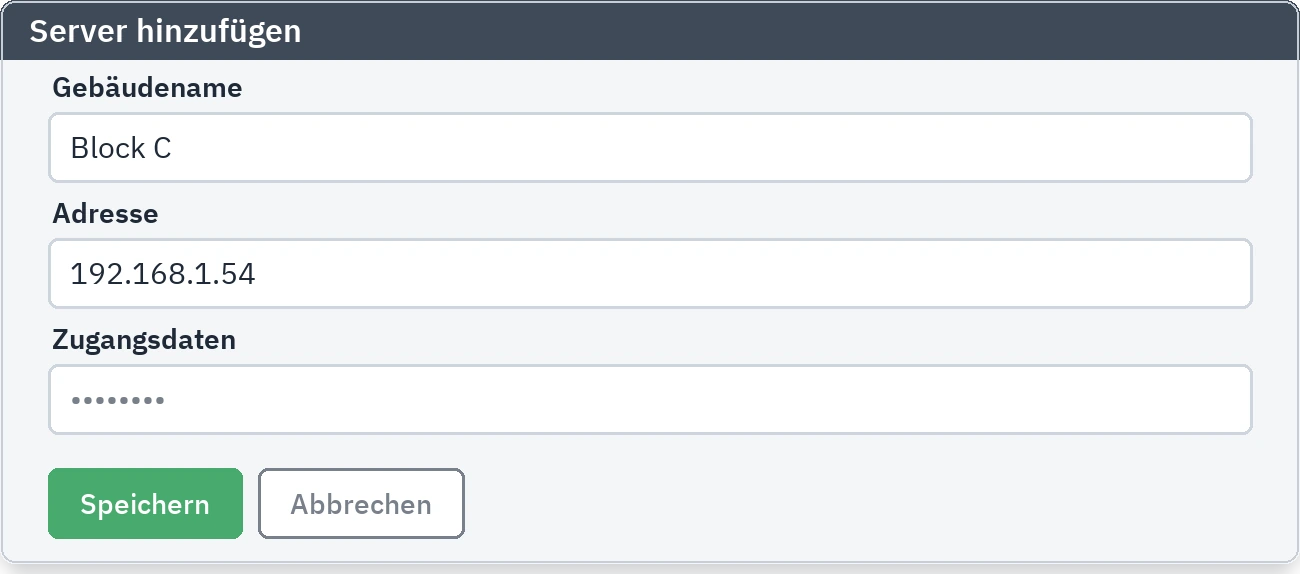 Formular zum Hinzufügen eines Servers: Felder für Name, Adresse und Zugangsdaten