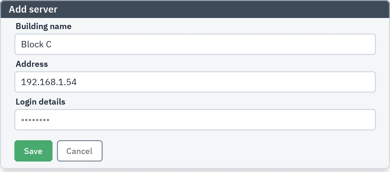 Add server form: name, address and credential fields