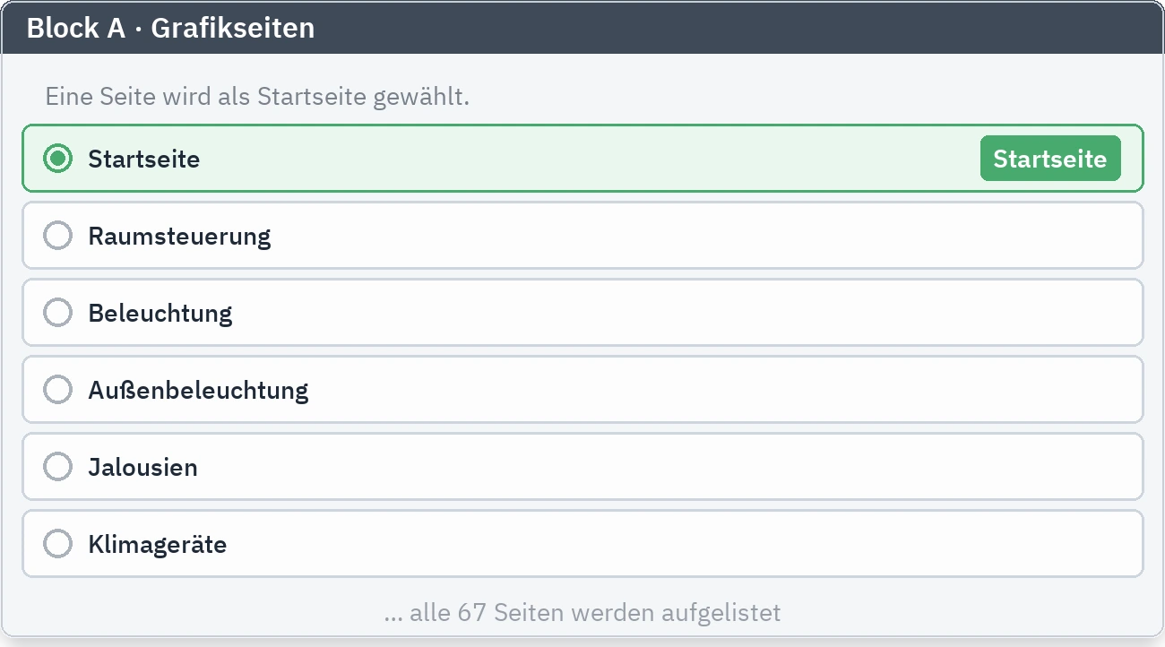 Die Seitenliste des entfernten Servers, mit einer als Startseite markierten Zeile