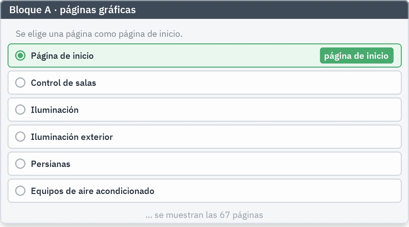 La lista de páginas del servidor remoto, con una fila marcada como página de inicio