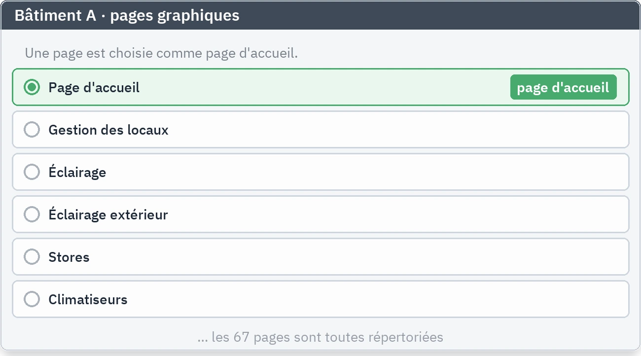 La liste des pages du serveur distant, avec une ligne marquée comme page d'accueil