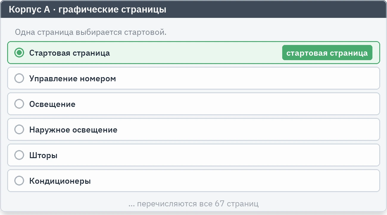 Список страниц удалённого сервера со строкой, отмеченной как стартовая