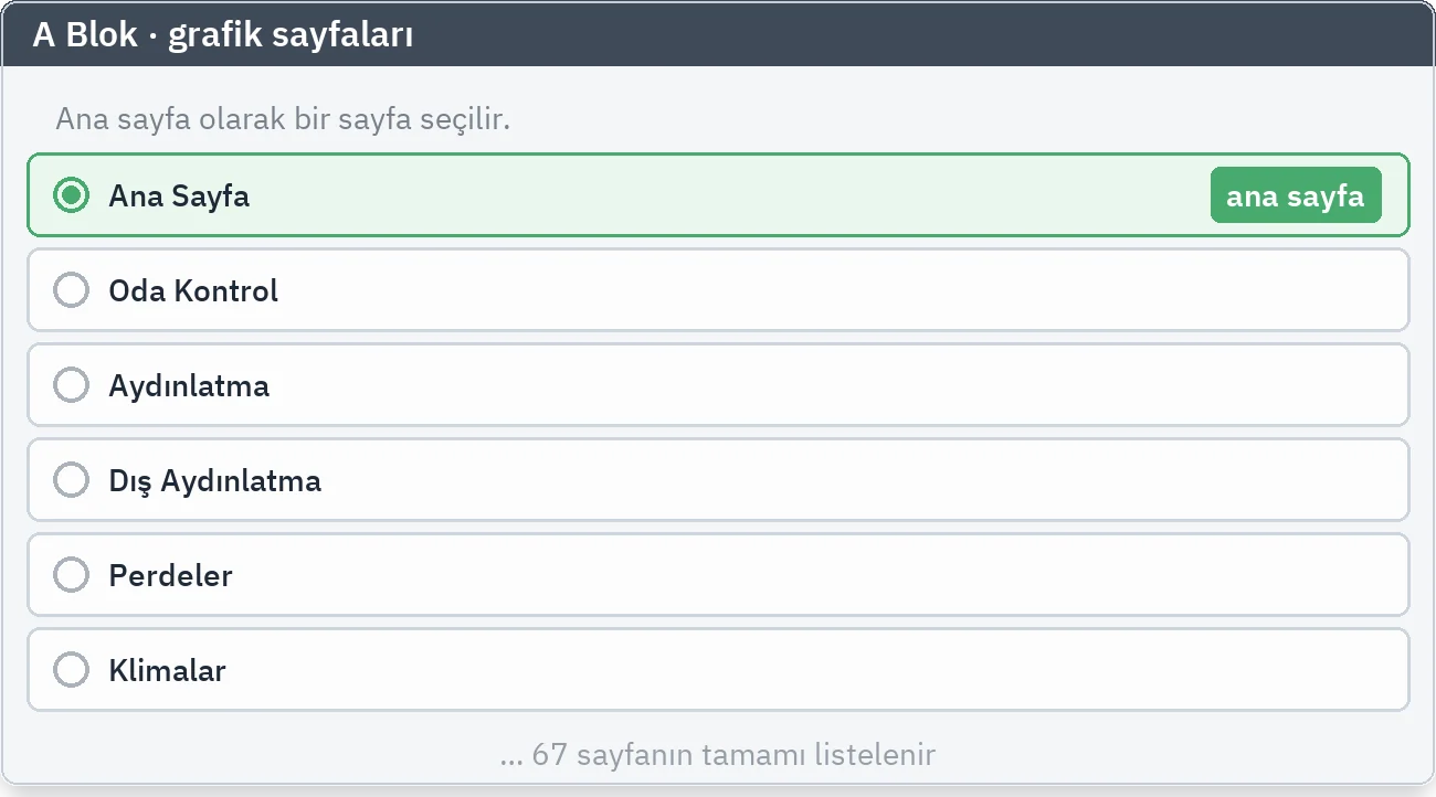 Uzak sunucunun sayfa listesi ve ana sayfa olarak işaretlenmiş satır