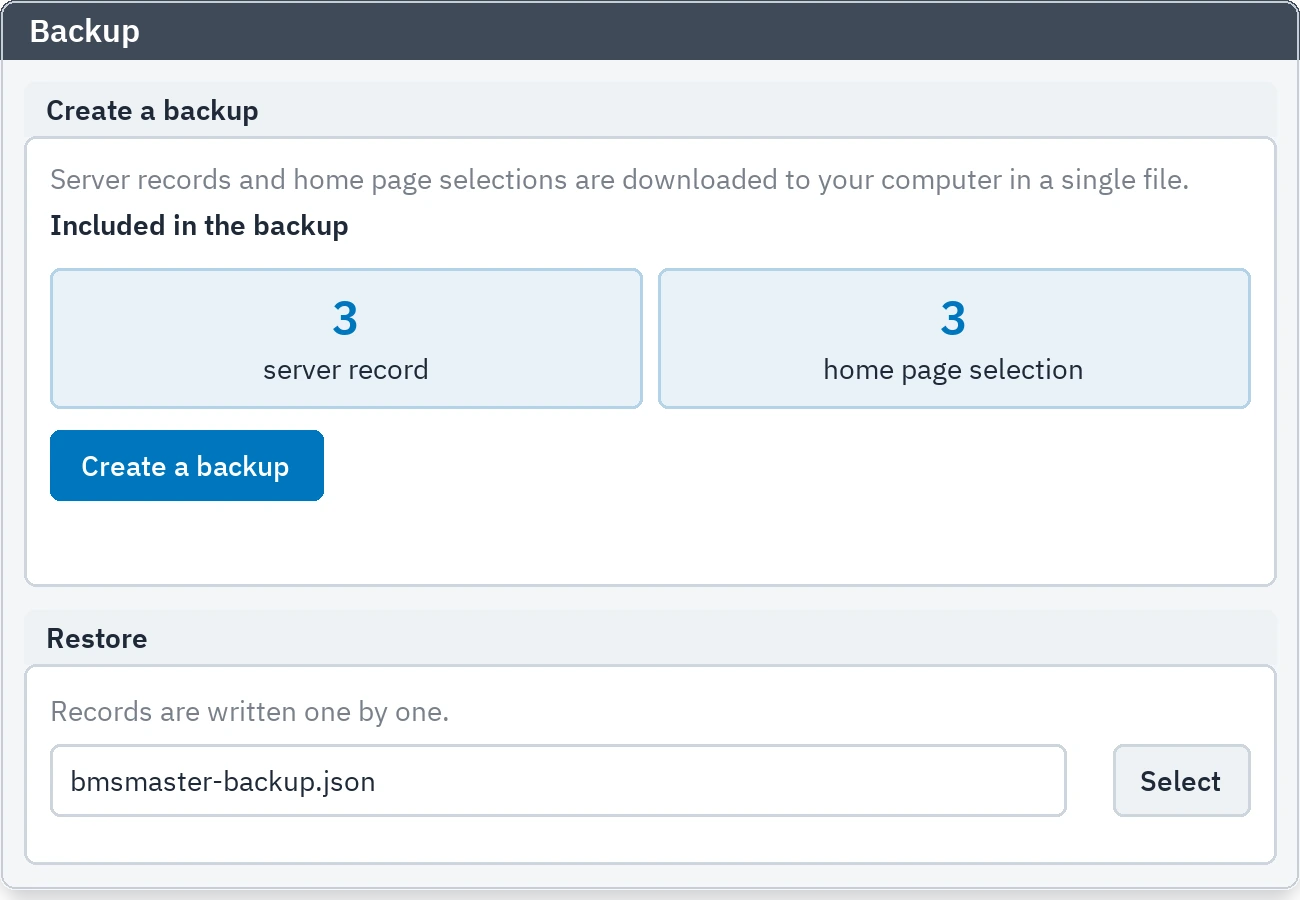 Backup tab: downloading the backup file and restoring it