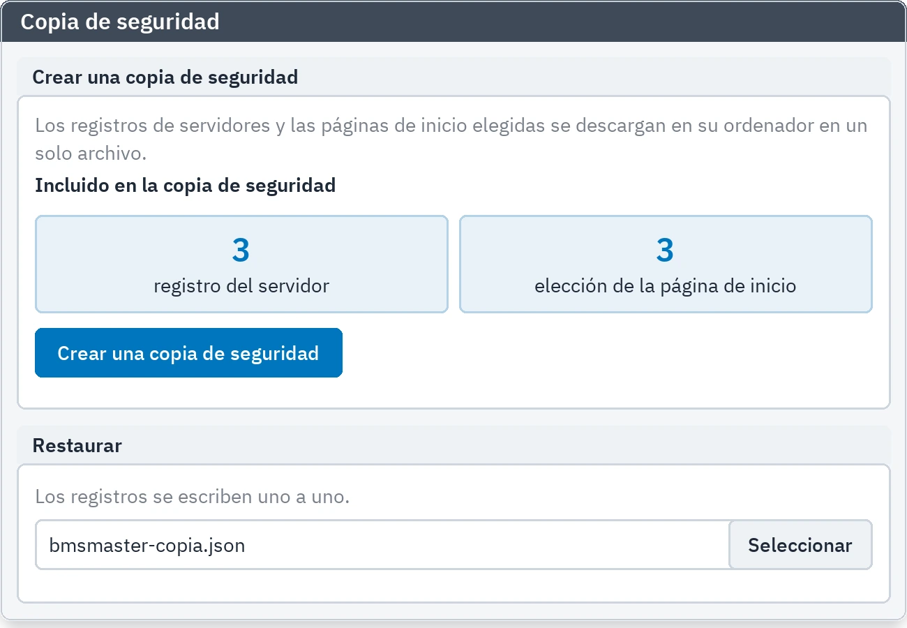 Pestaña de copia de seguridad: descarga del archivo de copia y restauración