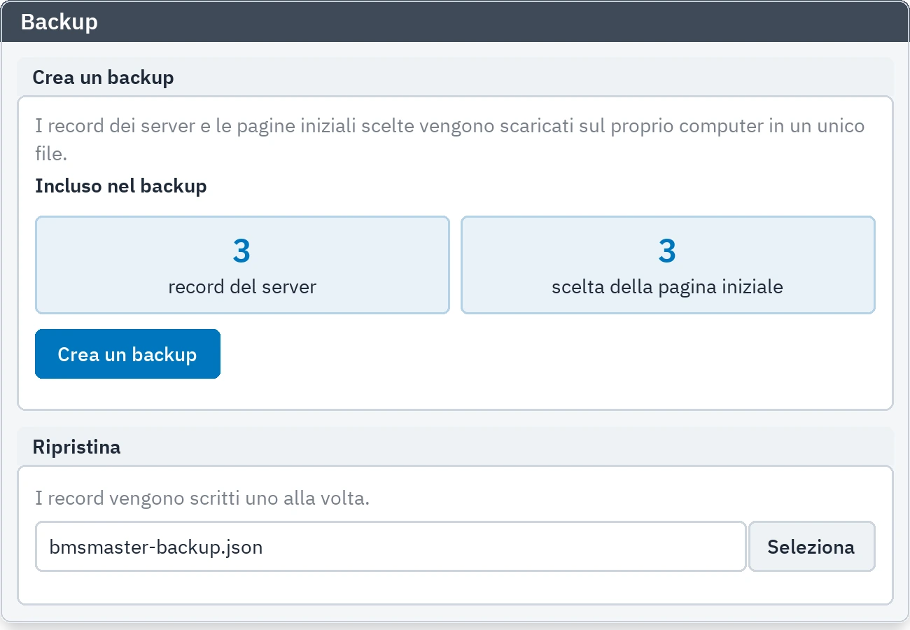 Scheda di backup: scaricamento del file di backup e ripristino