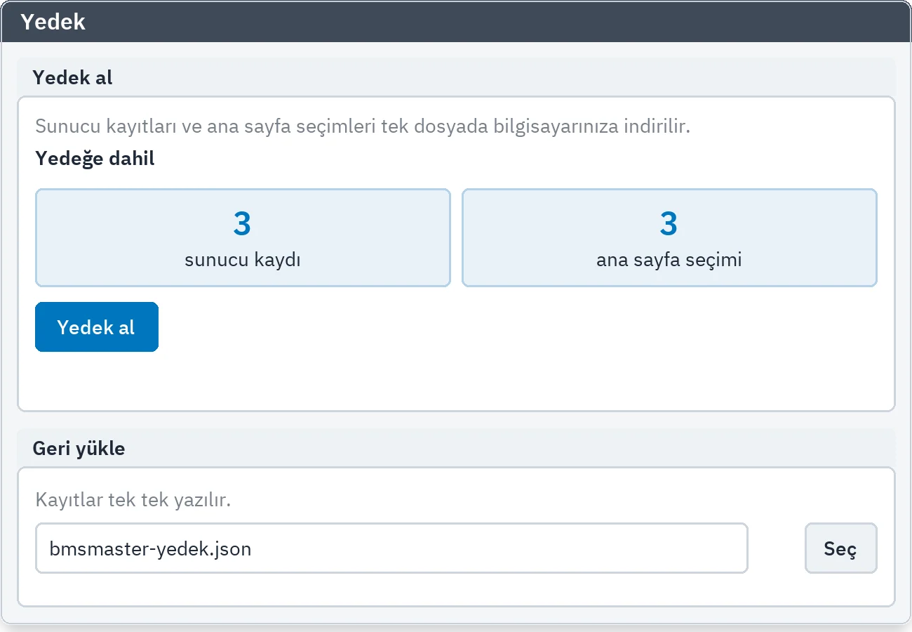 Yedekleme sekmesi: yedek dosyasının indirilmesi ve geri yükleme