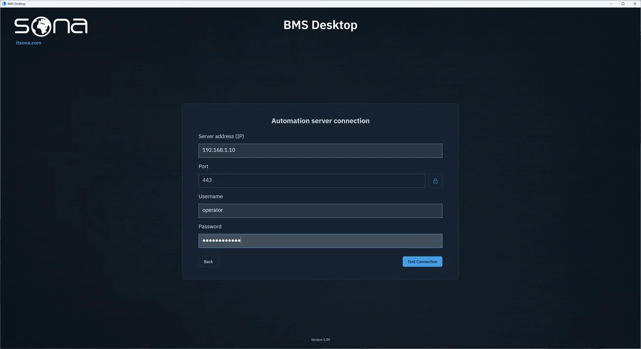 شاشة الاتصال في BMS Desktop: حقول عنوان خادم الأتمتة ومنفذه وبيانات الدخول
