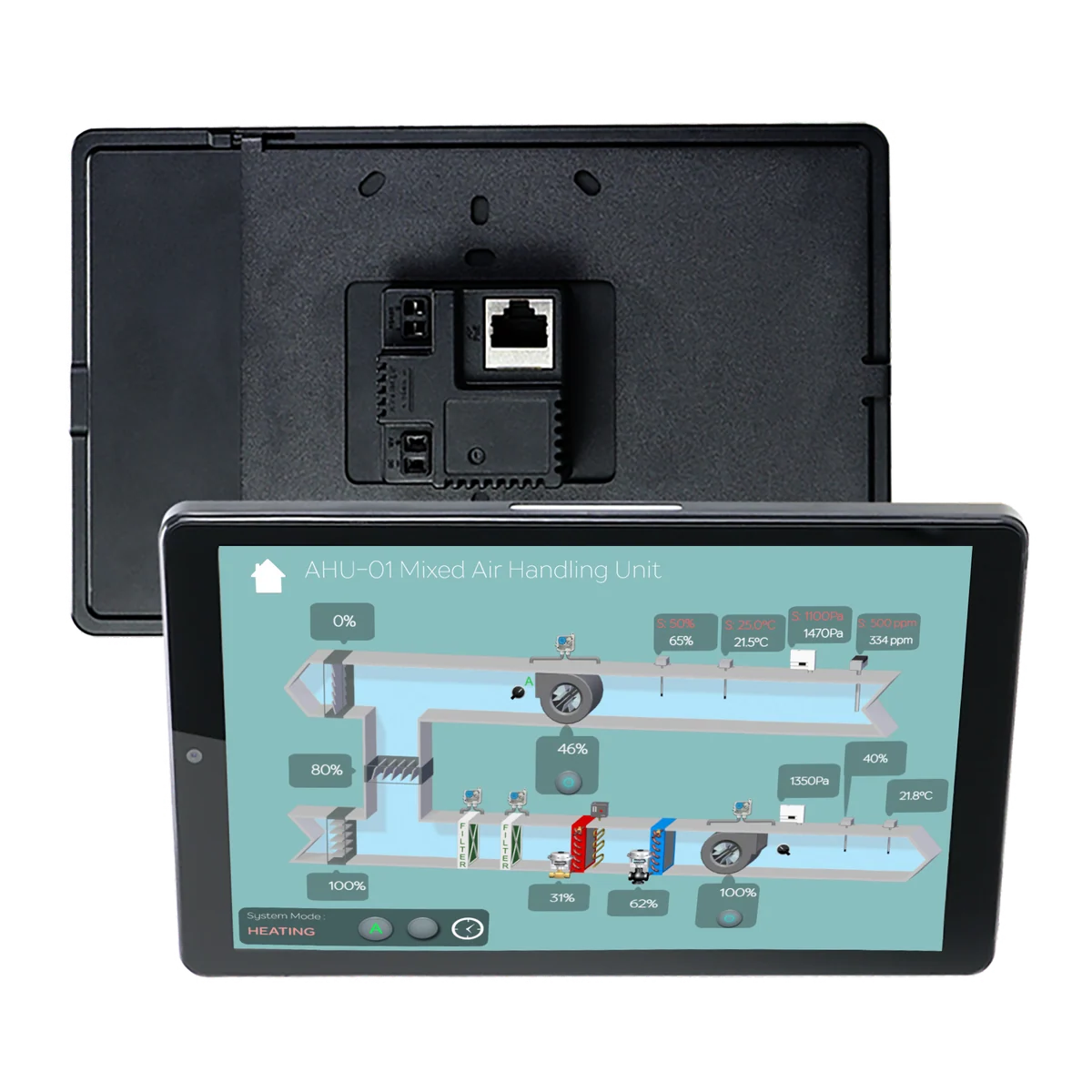 Air handling unit mimic screen on a SonaHMI touch panel: fan, damper and temperature values