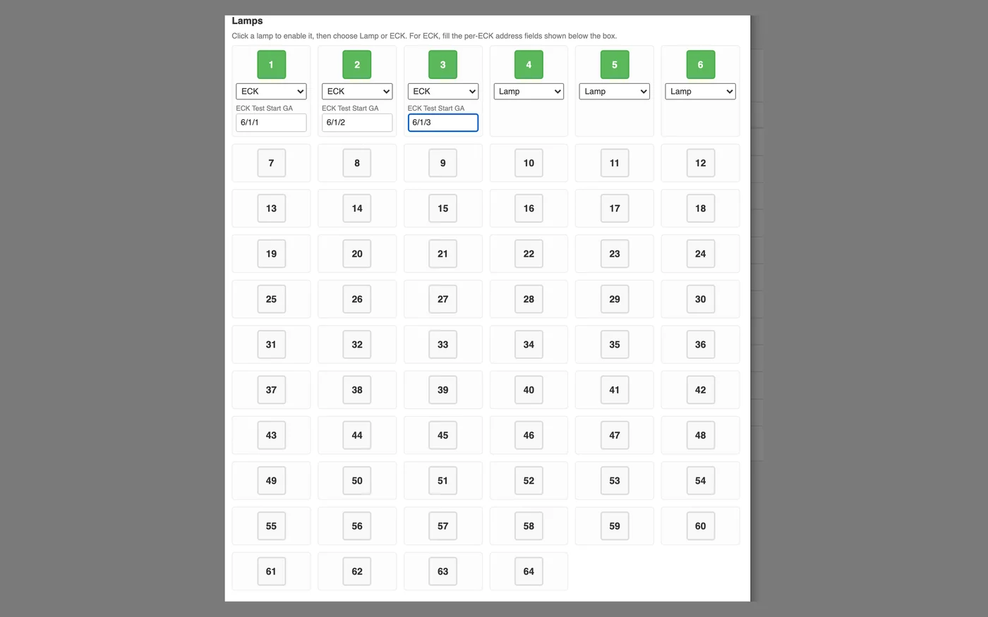 Lamp grid: addresses 1 to 64 and boxes marked as emergency type