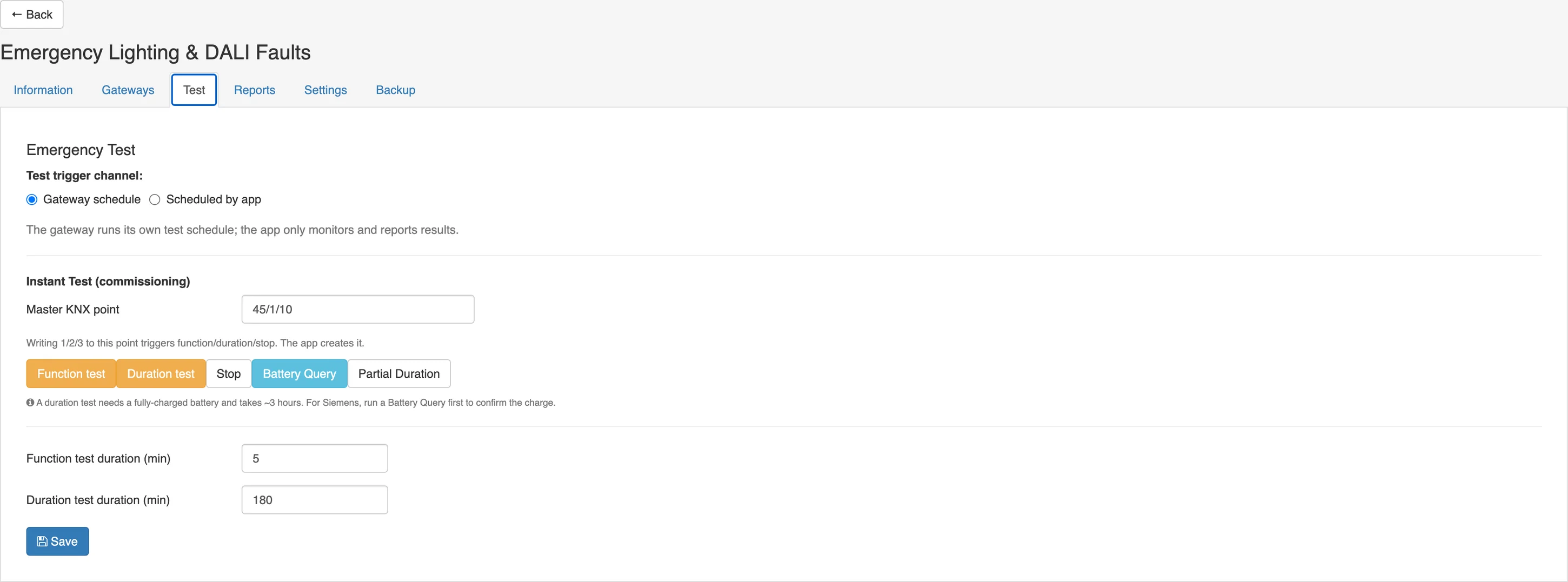 Test tab: function test, duration test and stop buttons