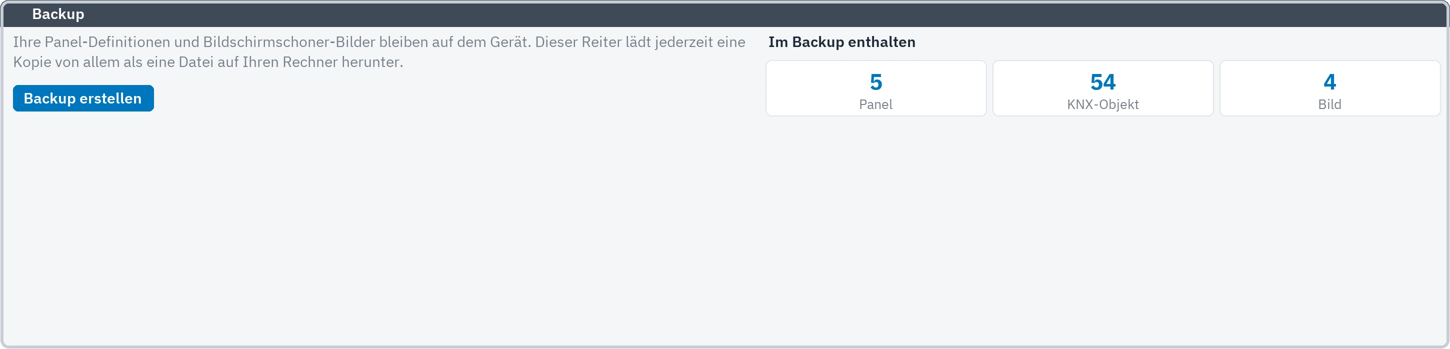 Backup-Reiter: die Zahl der Panels, KNX-Objekte und Bilder, die das Backup enthält