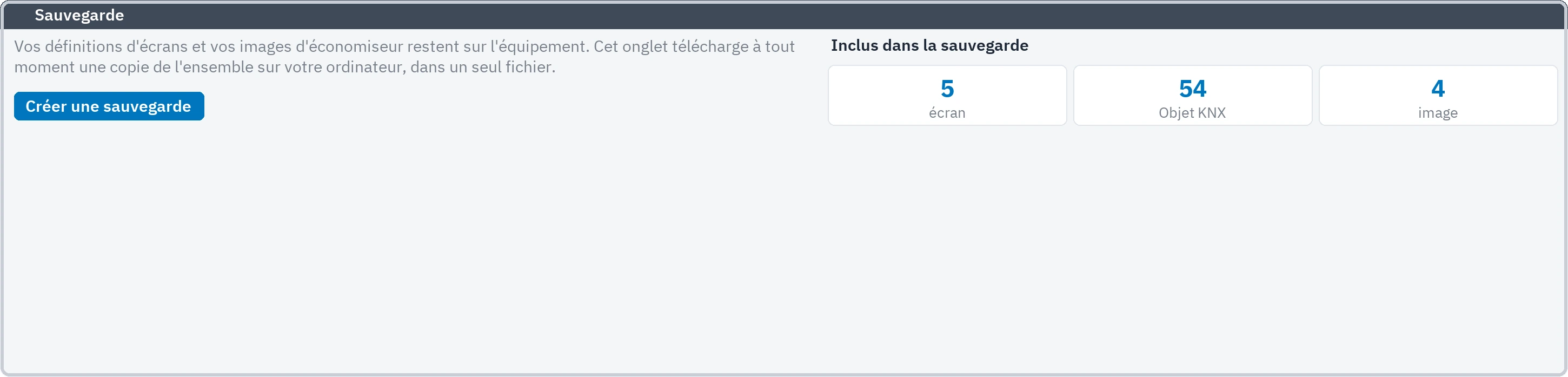 Onglet de sauvegarde : le nombre de panneaux, d'objets KNX et d'images inclus dans la sauvegarde