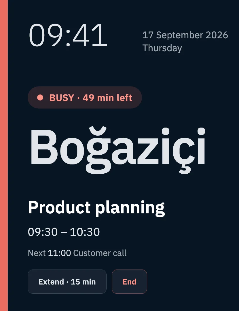 Door panel screen: the time, the busy badge with the minutes left, the room name, the current meeting with its hours, the next meeting, and the extend and end buttons