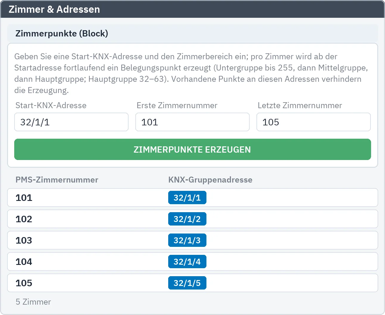 Zimmer & Adressen: Start-KNX-Adresse und Zimmerbereich eingeben; für die Zimmer 101–105 entstehen ab 32/1/1 fortlaufend Belegungspunkte