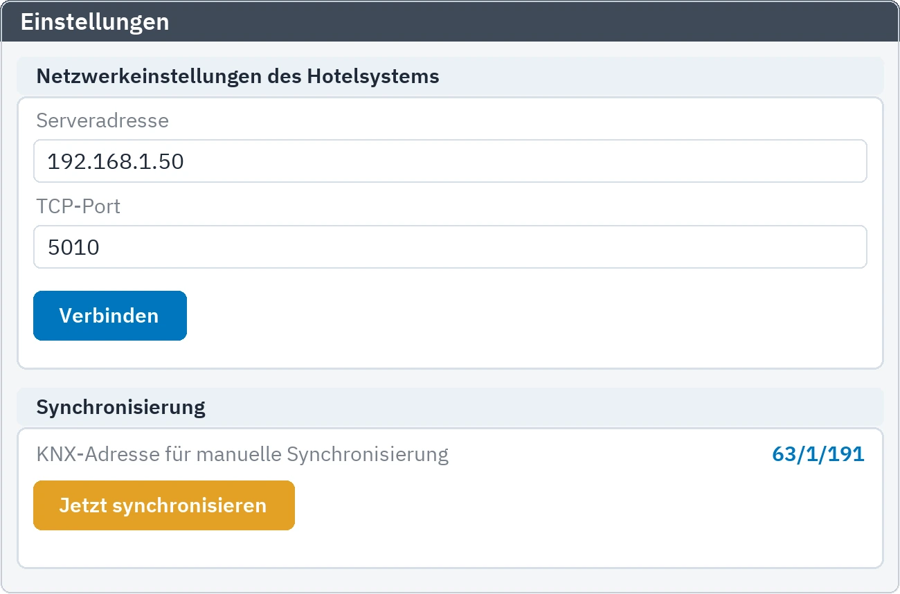 Einstellungen: die Verbindungsfelder zum Hotelsystem und das Feld zum manuellen Abgleich
