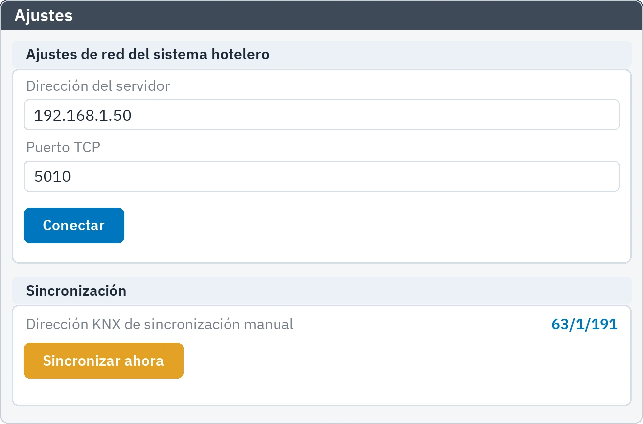 Configuración: campos de conexión con el sistema del hotel y bloque de sincronización manual