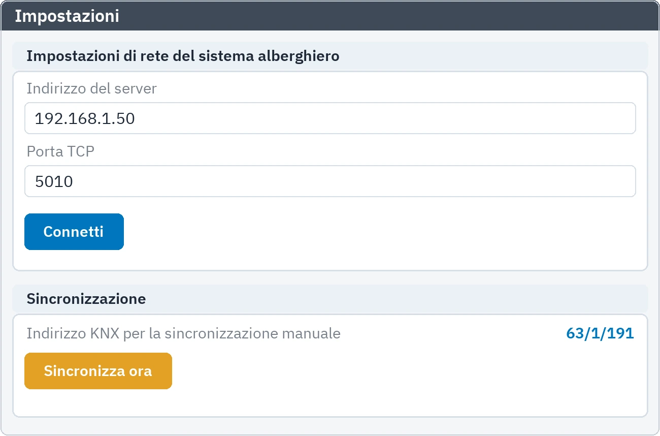 Impostazioni: campi di collegamento al sistema alberghiero e riquadro di sincronizzazione manuale
