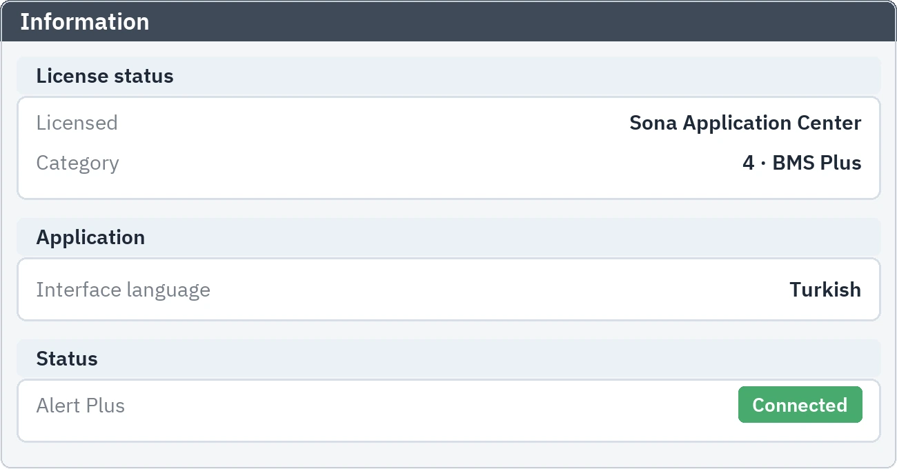 Info tab: BMS Plus licence tier and Alert Plus connection state