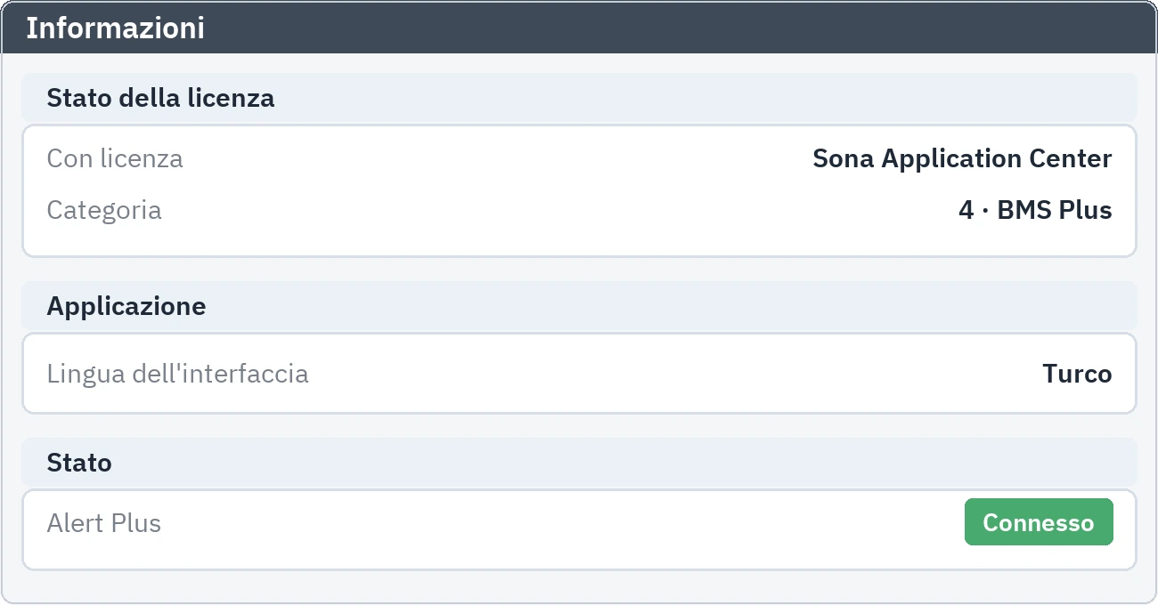 Scheda informativa: livello di licenza BMS Plus e stato del collegamento con Alert Plus