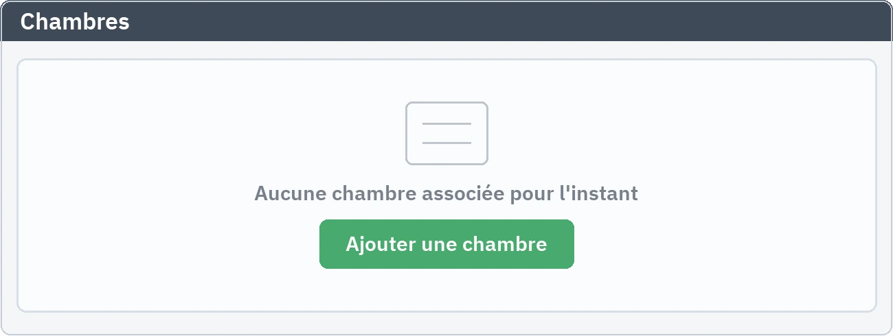 Onglet des chambres : l'état de premier démarrage, aucune chambre encore associée