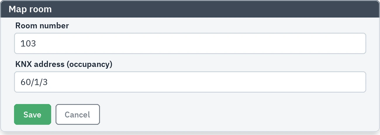 Room mapping form: room number and KNX address fields