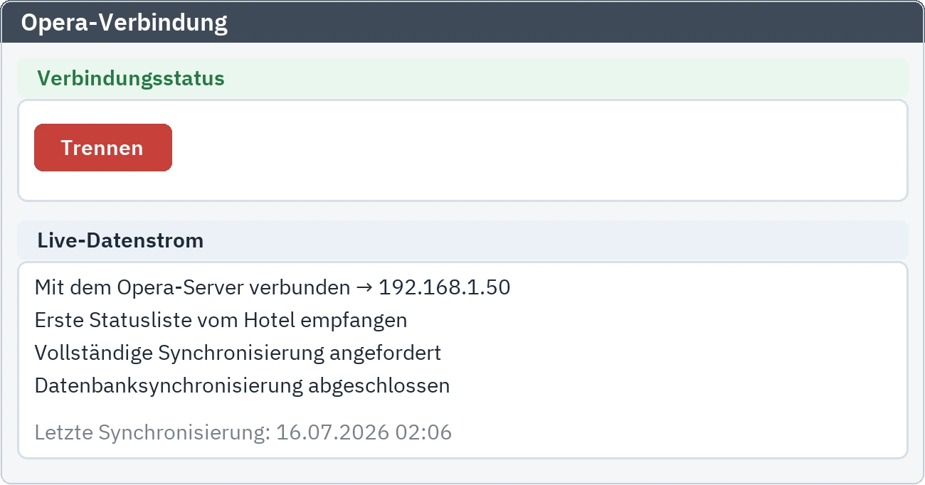 Einstellungsbild: der verbundene Zustand zum Hotelsystem und der Live-Ereignisstrom