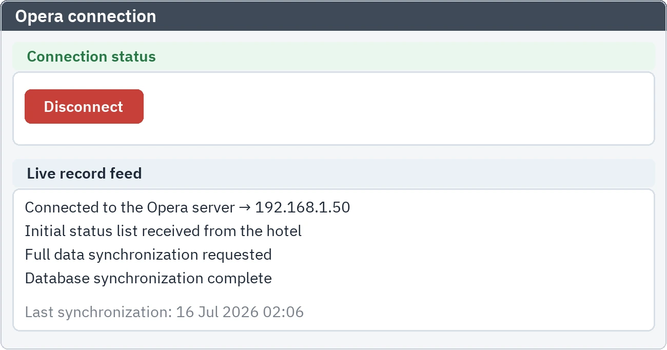 Settings screen: connected status to the hotel system and the live event feed