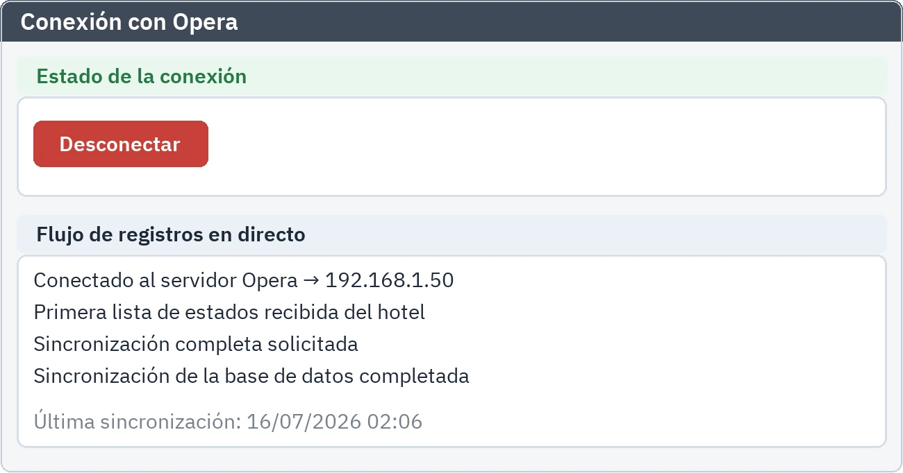 Pantalla de configuración: estado de conexión con el sistema del hotel y flujo de eventos en vivo
