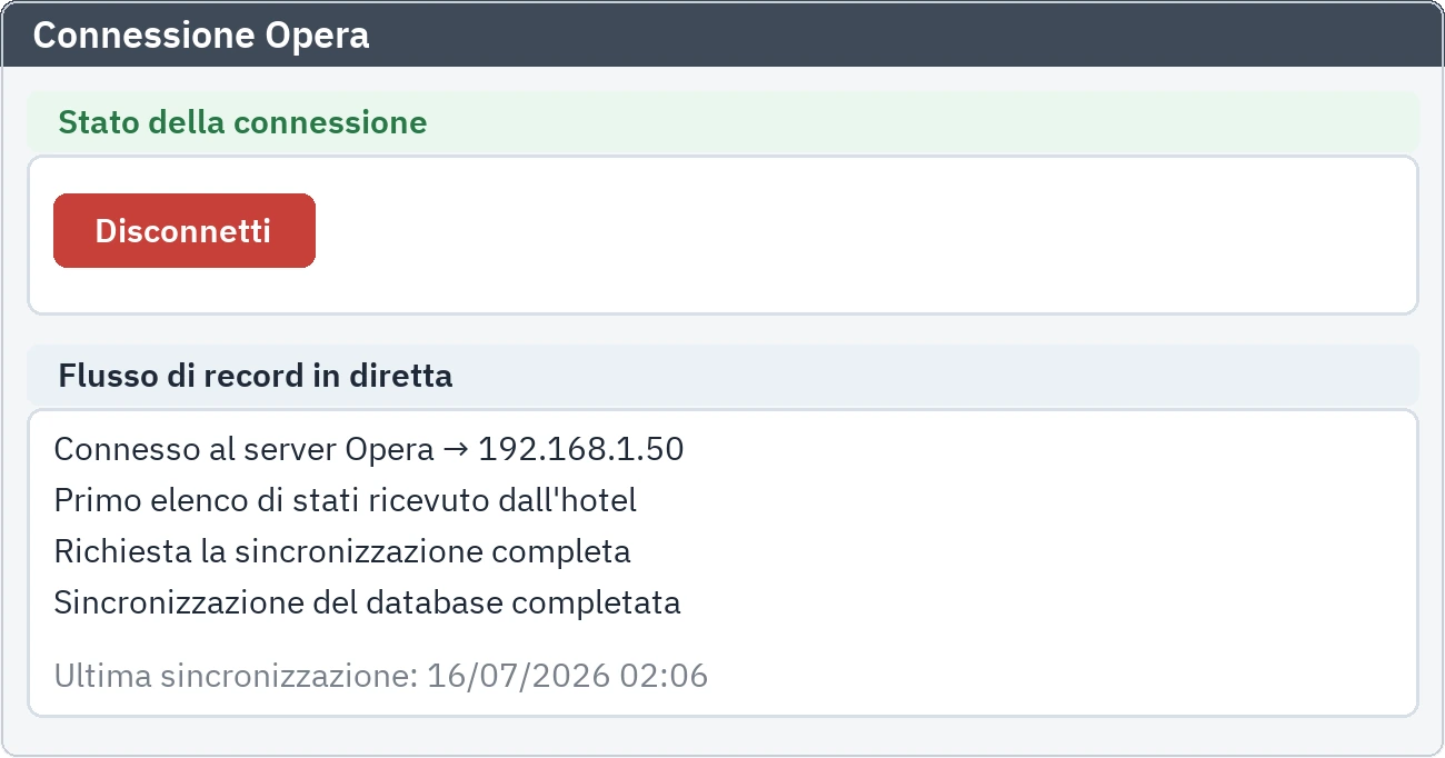 Schermata delle impostazioni: stato di collegamento al sistema alberghiero e flusso degli eventi dal vivo