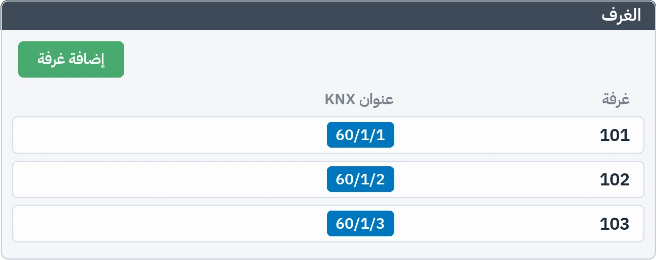 قائمة الغرف: أرقام الغرف وعناوين KNX المرتبطة بها