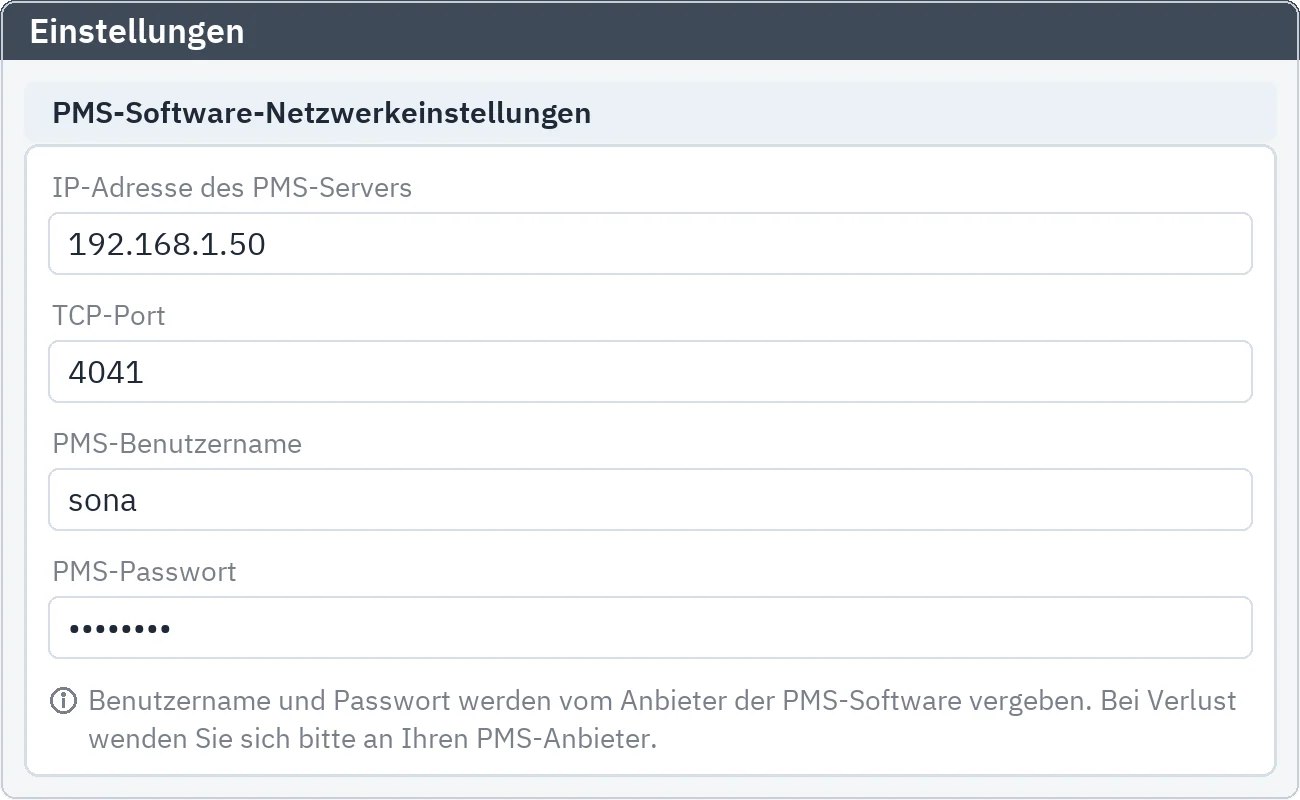 Einstellungen: IP-Adresse des PMS-Servers, TCP-Port, Benutzername und maskiertes Passwort für die Mod-Hotel-Verbindung