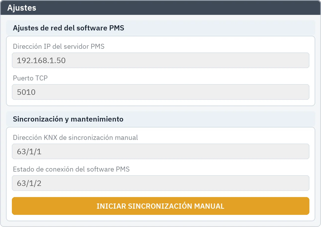 Ajustes: configuración de red del software PMS (dirección IP, puerto TCP) y panel de sincronización con la dirección de disparo manual, la dirección de estado de la conexión y el botón de disparo