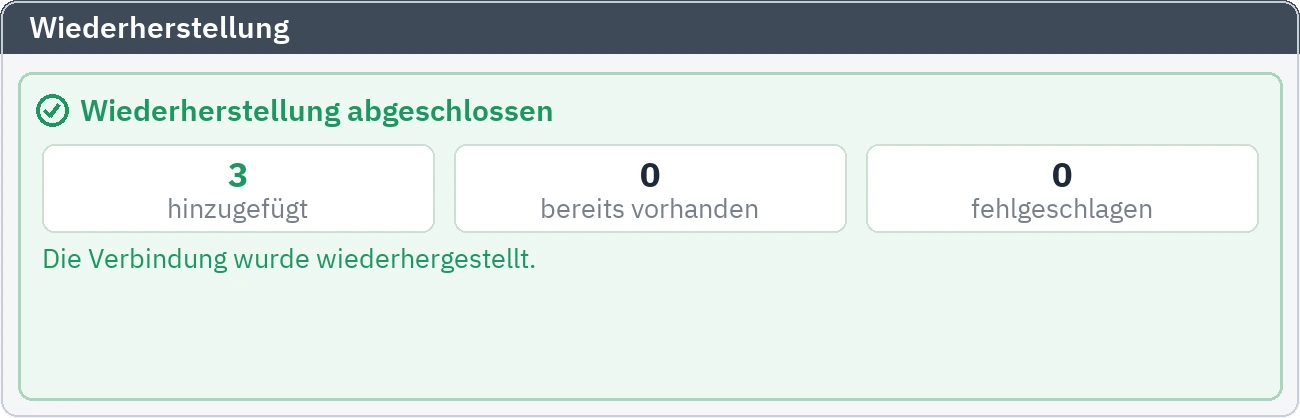Zusammenfassung der Wiederherstellung: hinzugefügte, bereits vorhandene und fehlgeschlagene Einträge