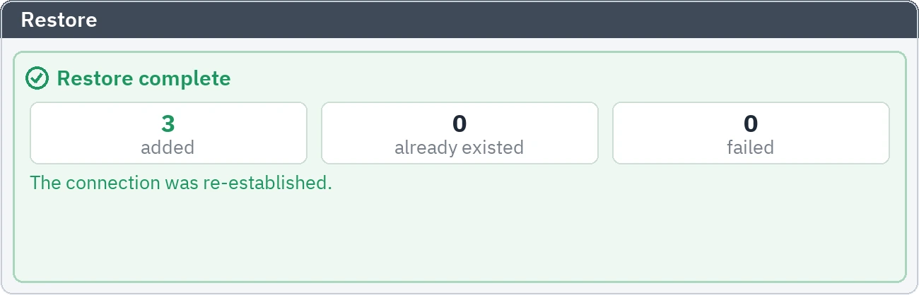 Restore summary: records added, already present and failed