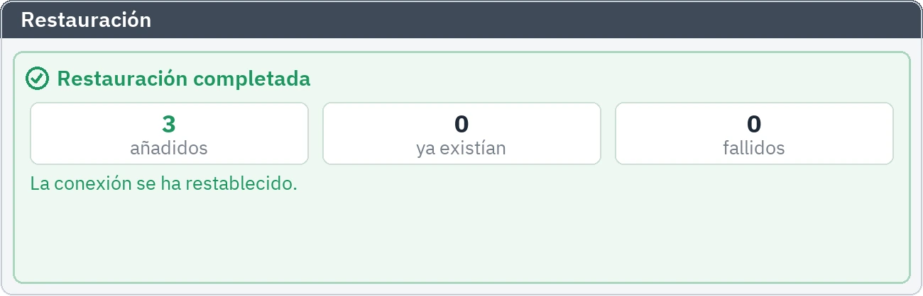 Resumen de la restauración: registros añadidos, ya existentes y fallidos