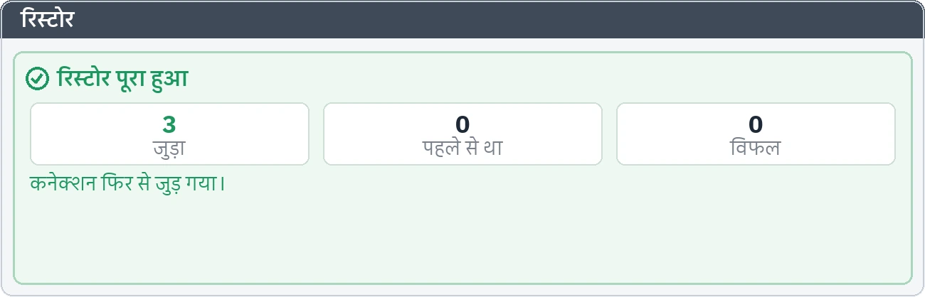 रिस्टोर का सारांश: जुड़े, पहले से मौजूद और असफल रिकॉर्ड की संख्या