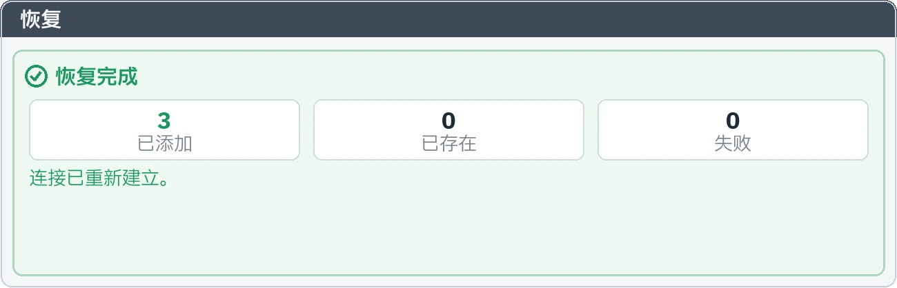 恢复摘要：新增的、已经存在的和失败的记录数
