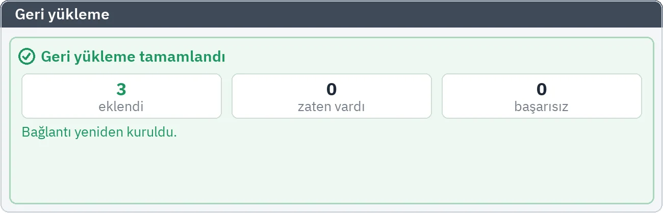 Geri yükleme özeti: eklenen, zaten var olan ve başarısız kayıt sayıları