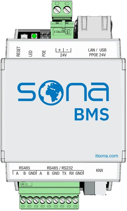 خادم الأتمتة Sona BMS، جهاز يُركَّب على قضيب DIN