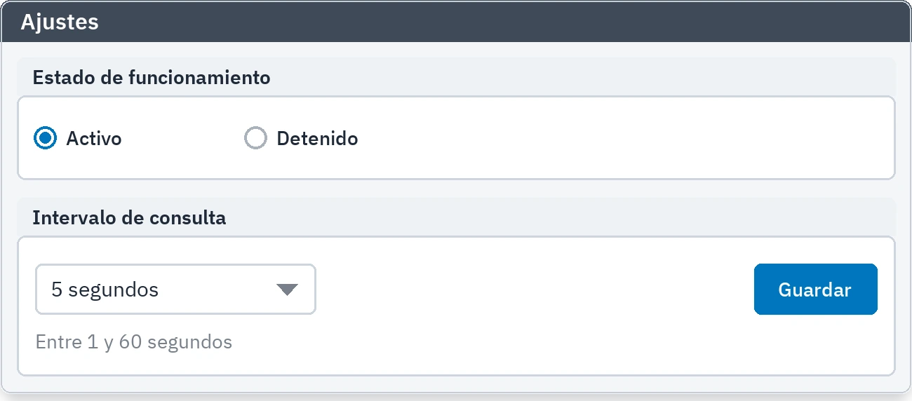 Configuración: estado de funcionamiento e intervalo de consulta