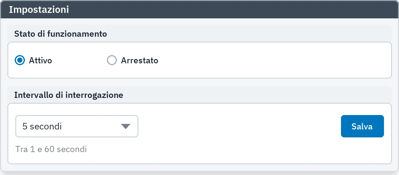Impostazioni: stato di funzionamento e intervallo di interrogazione