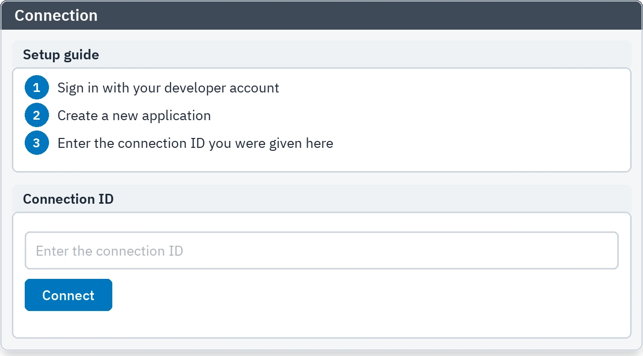 Connection tab: identifier field and setup guide