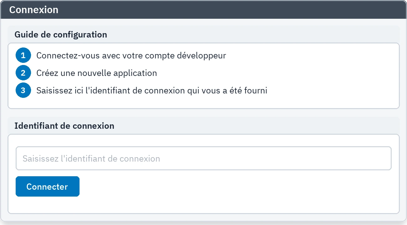 Onglet de connexion : champ d'identifiant et guide de mise en service