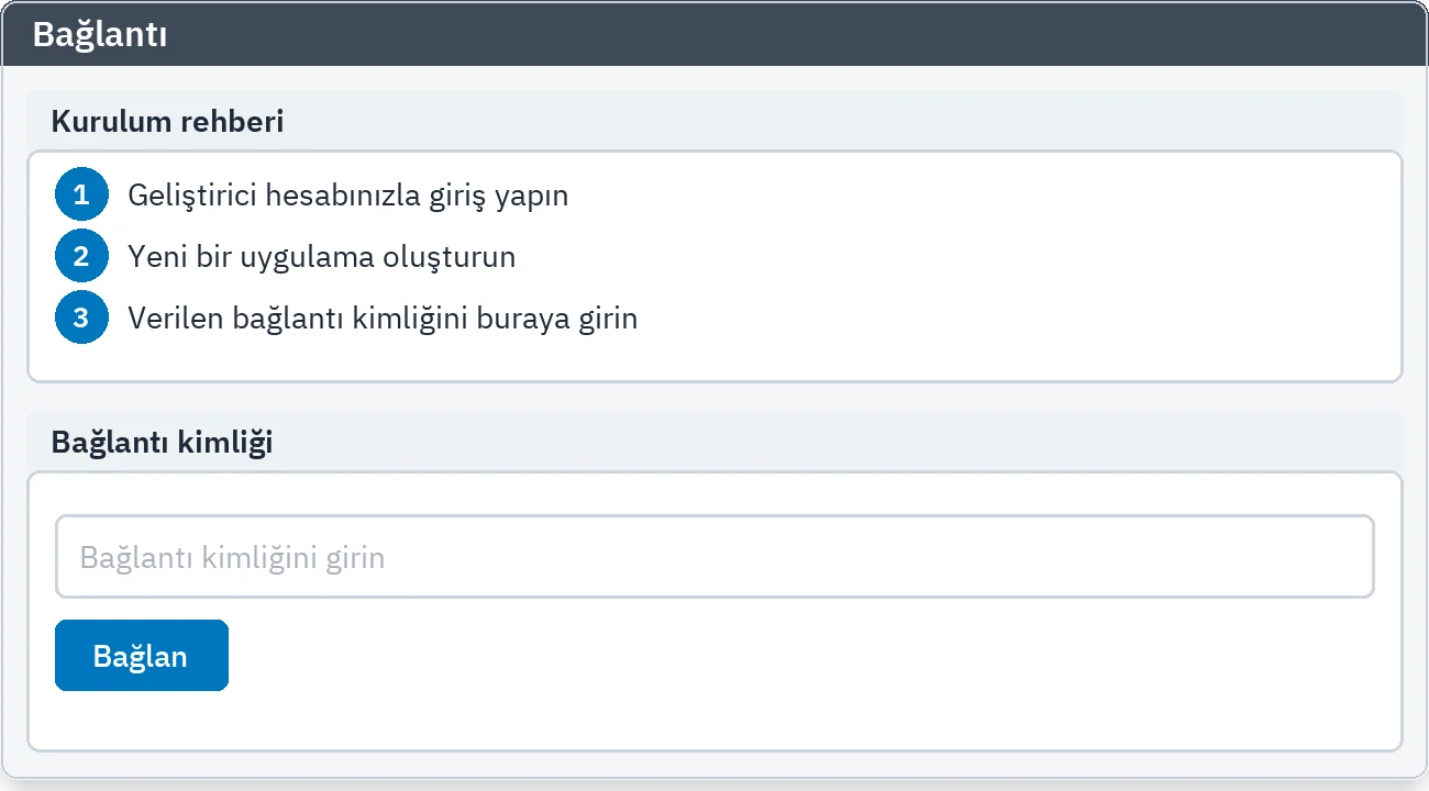 Bağlantı sekmesi: kimlik alanı ve kurulum rehberi